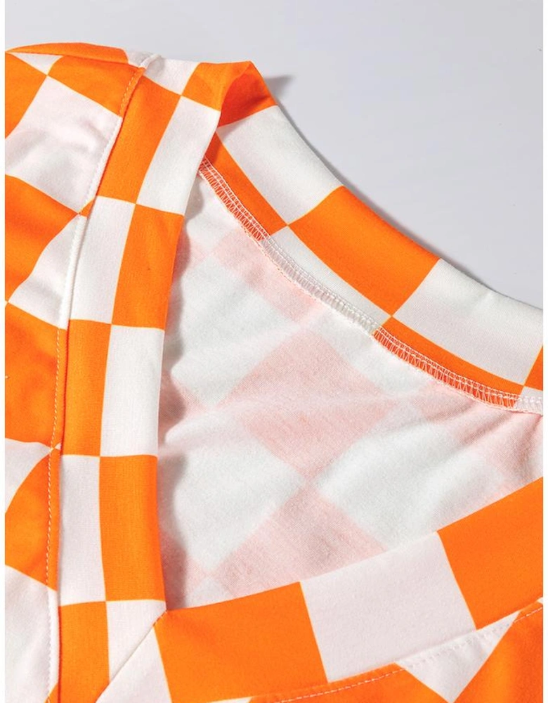 Orange Checkerboard Print V Neck Loose Tee and Shorts Lounge Set