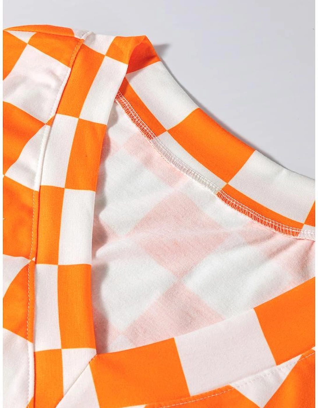 Orange Checkerboard Print V Neck Loose Tee and Shorts Lounge Set