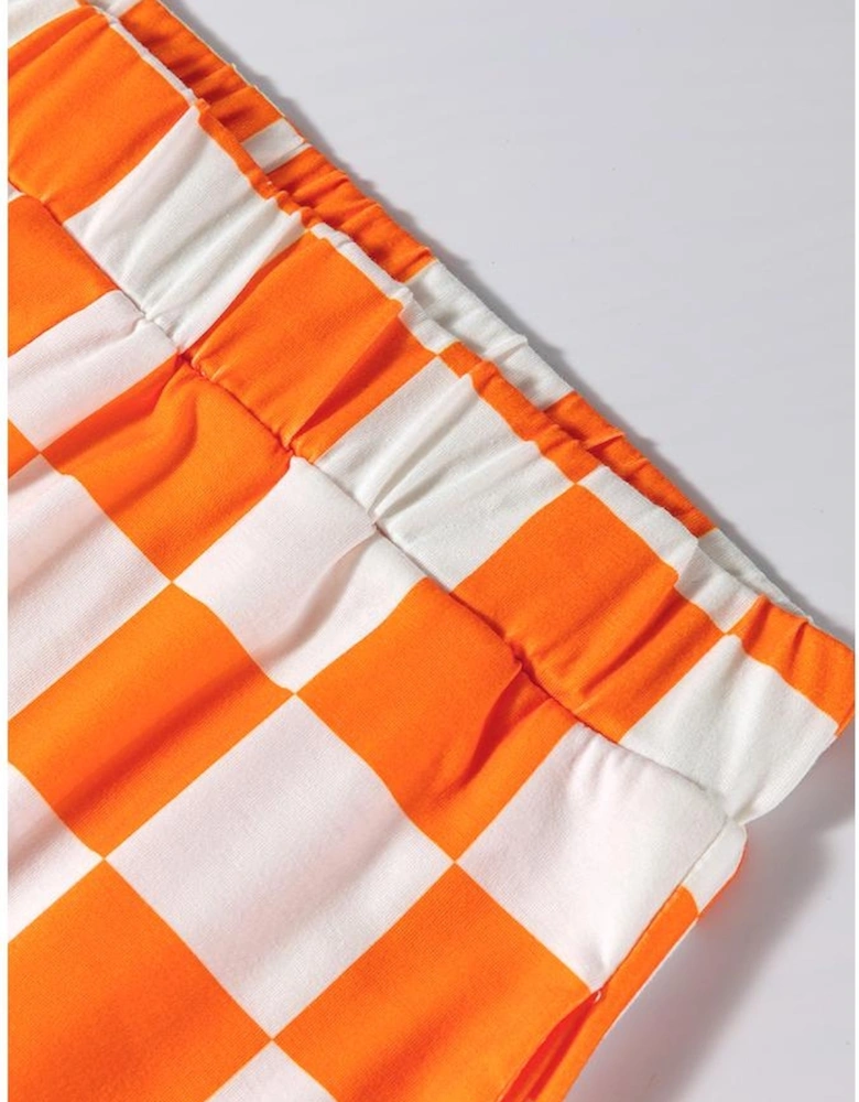 Orange Checkerboard Print V Neck Loose Tee and Shorts Lounge Set