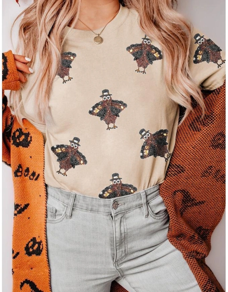 Khaki Sequined Turkey Patched Pattern Crewneck Thanksgiving T Shirt