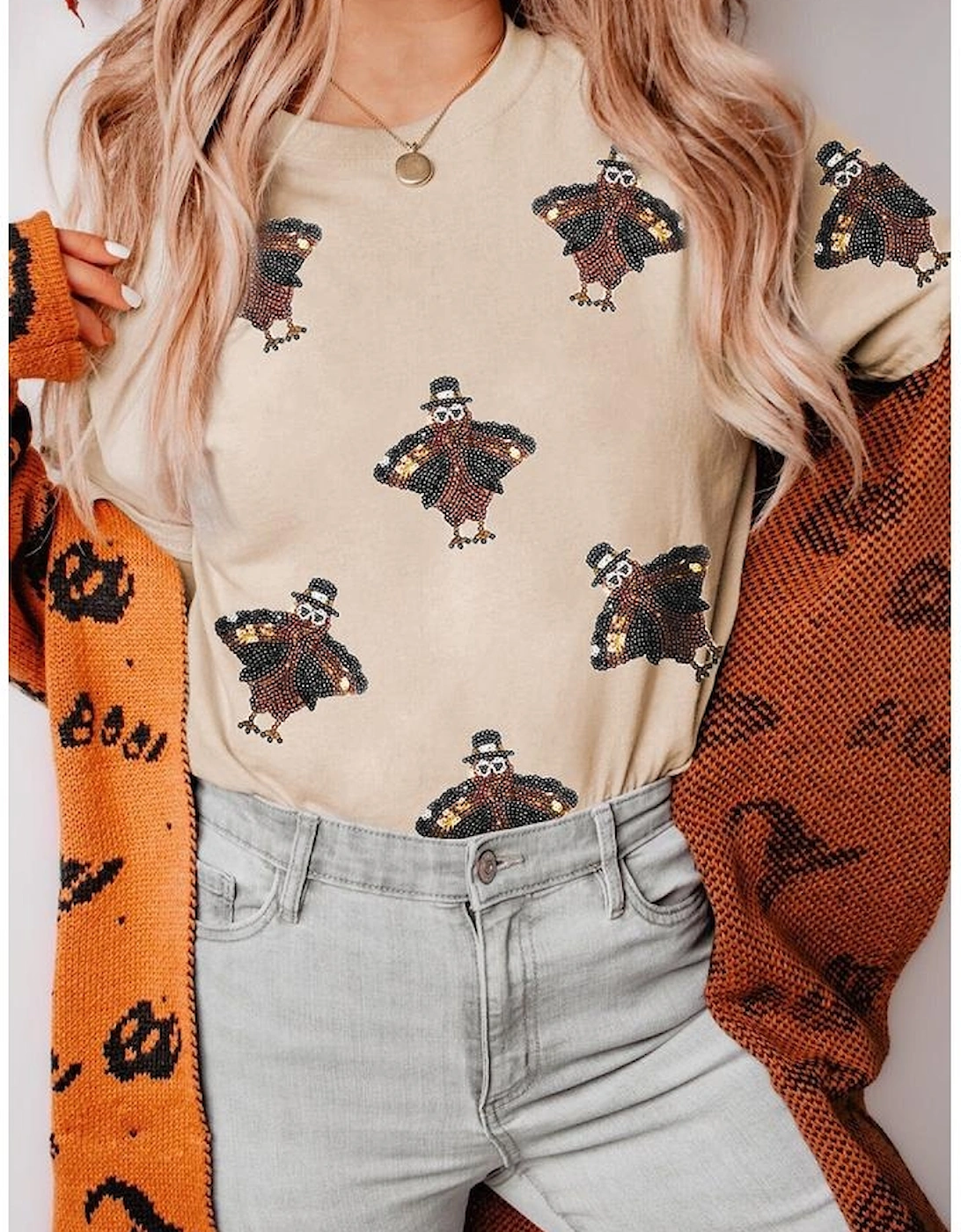 Khaki Sequined Turkey Patched Pattern Crewneck Thanksgiving T Shirt