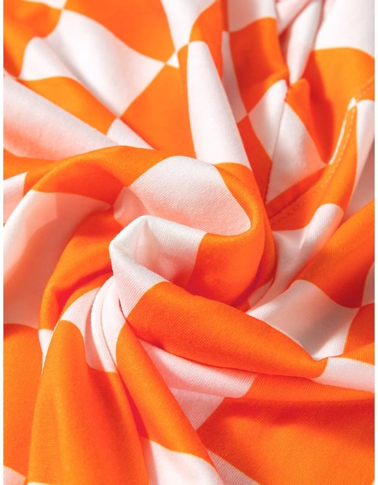 Orange Checkerboard Print V Neck Loose Tee and Shorts Lounge Set