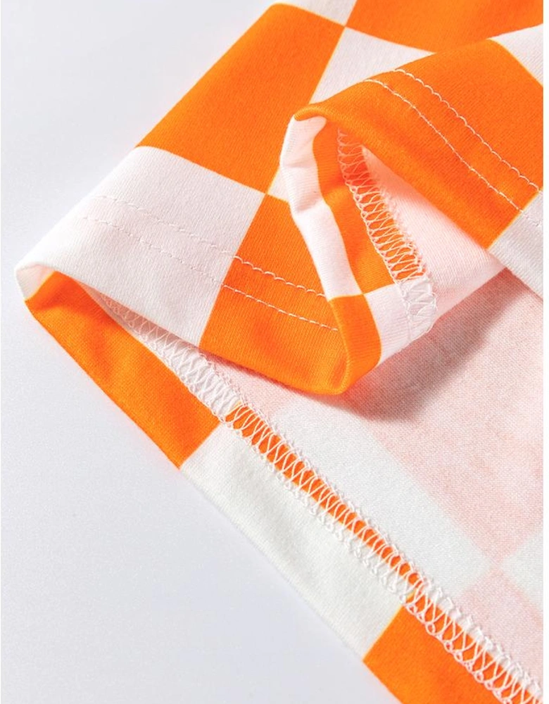 Orange Checkerboard Print V Neck Loose Tee and Shorts Lounge Set