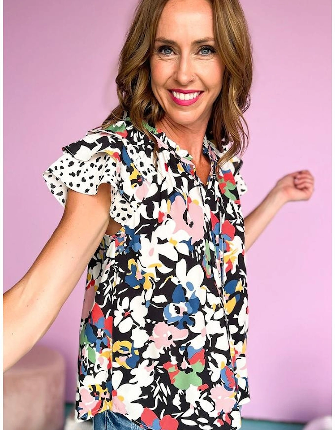 Black Floral Ruffled Flutter Sleeve Tied V Neck Blouse