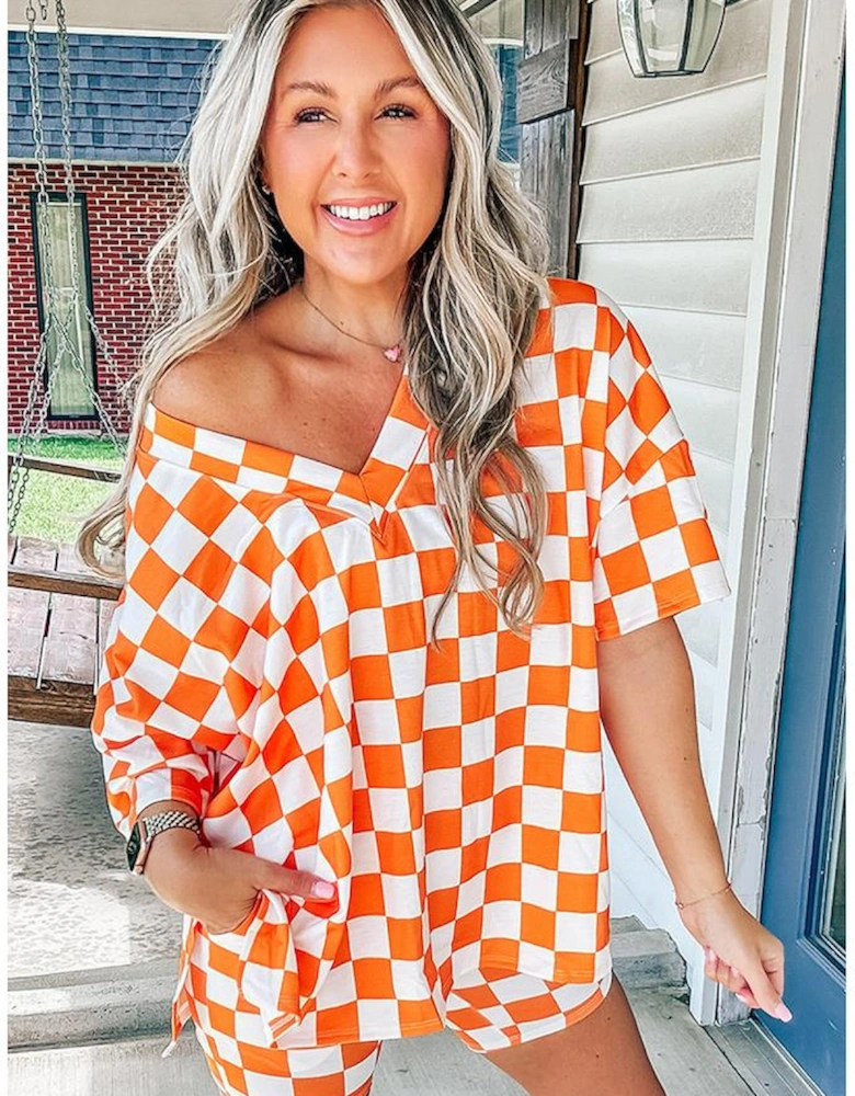 Orange Checkerboard Print V Neck Loose Tee and Shorts Lounge Set