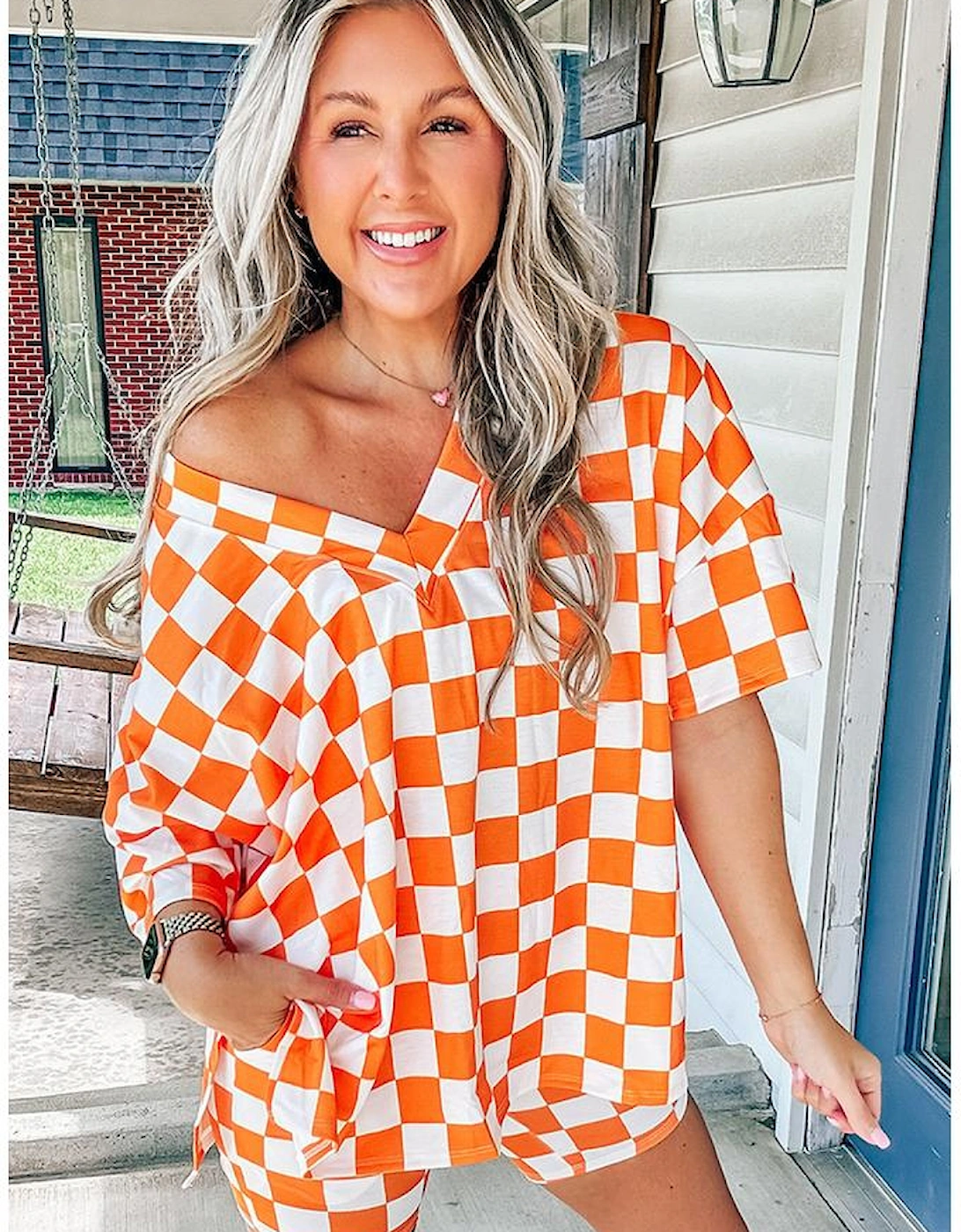 Orange Checkerboard Print V Neck Loose Tee and Shorts Lounge Set