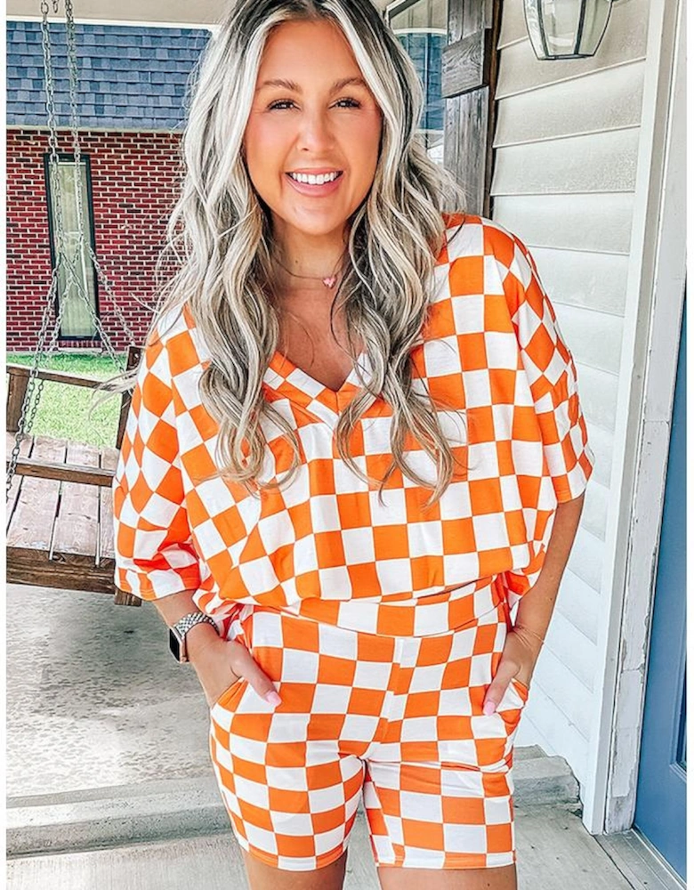 Orange Checkerboard Print V Neck Loose Tee and Shorts Lounge Set
