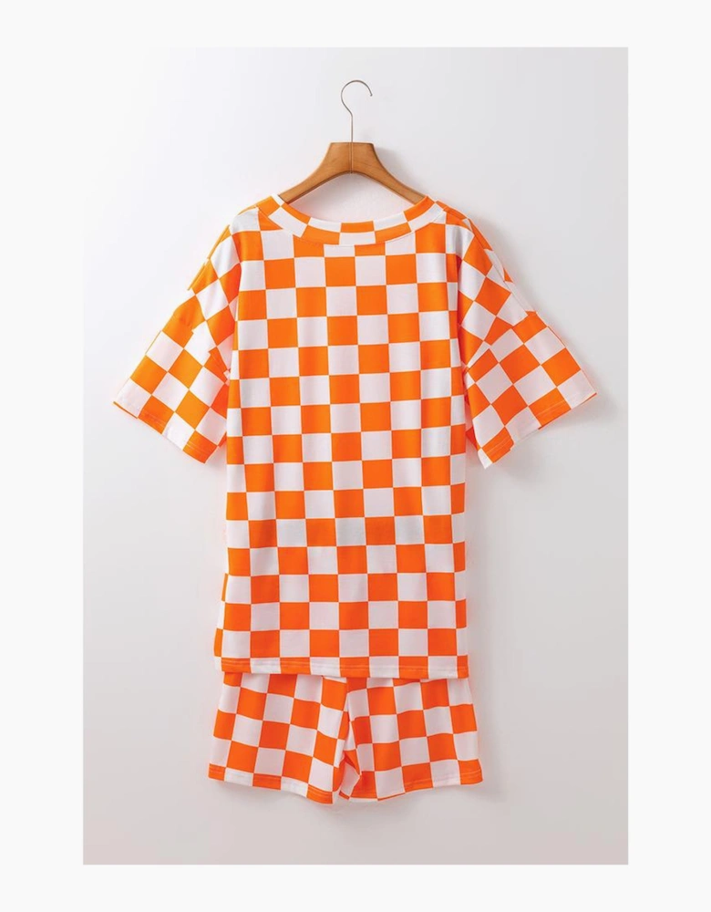 Orange Checkerboard Print V Neck Loose Tee and Shorts Lounge Set