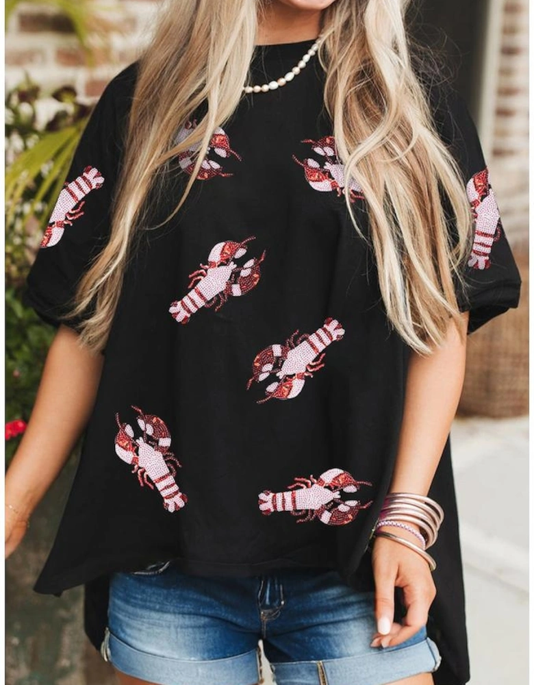 Black Sequin Crayfish Graphic Drop Sleeve High Low Tee