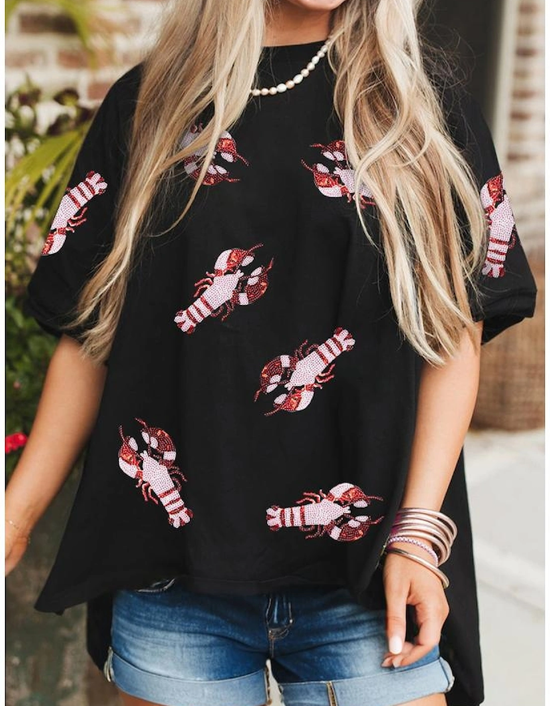 Black Sequin Crayfish Graphic Drop Sleeve High Low Tee