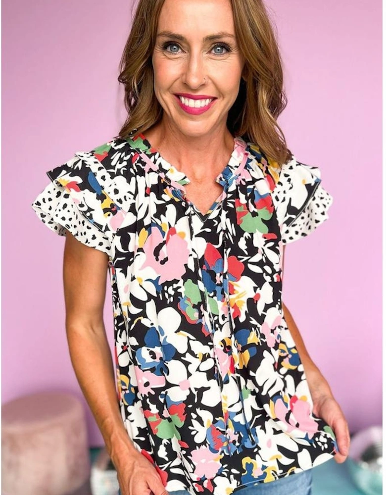 Black Floral Ruffled Flutter Sleeve Tied V Neck Blouse
