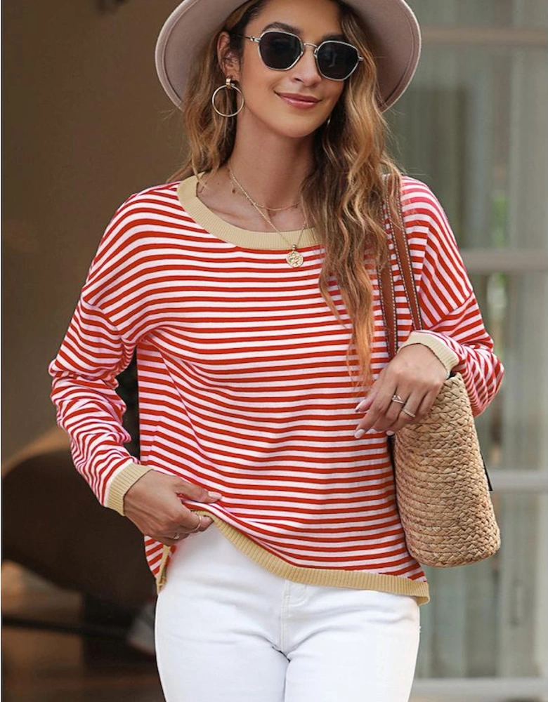Fiery Red Contrast Trimmed Striped Drop Shoulder Sweater