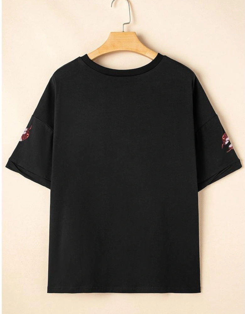 Black Sequin Crayfish Graphic Drop Sleeve High Low Tee