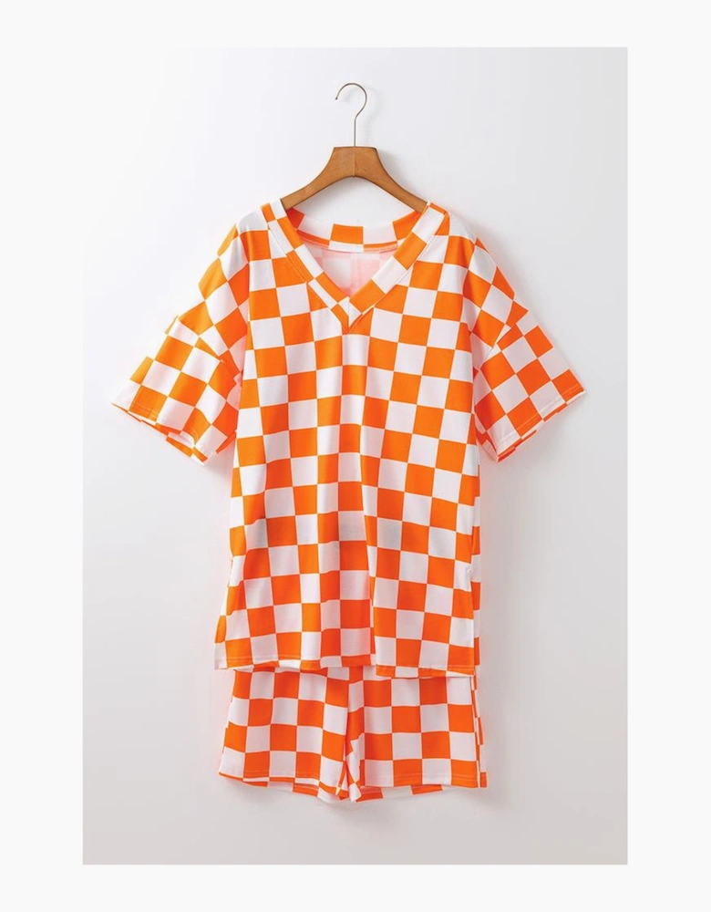 Orange Checkerboard Print V Neck Loose Tee and Shorts Lounge Set