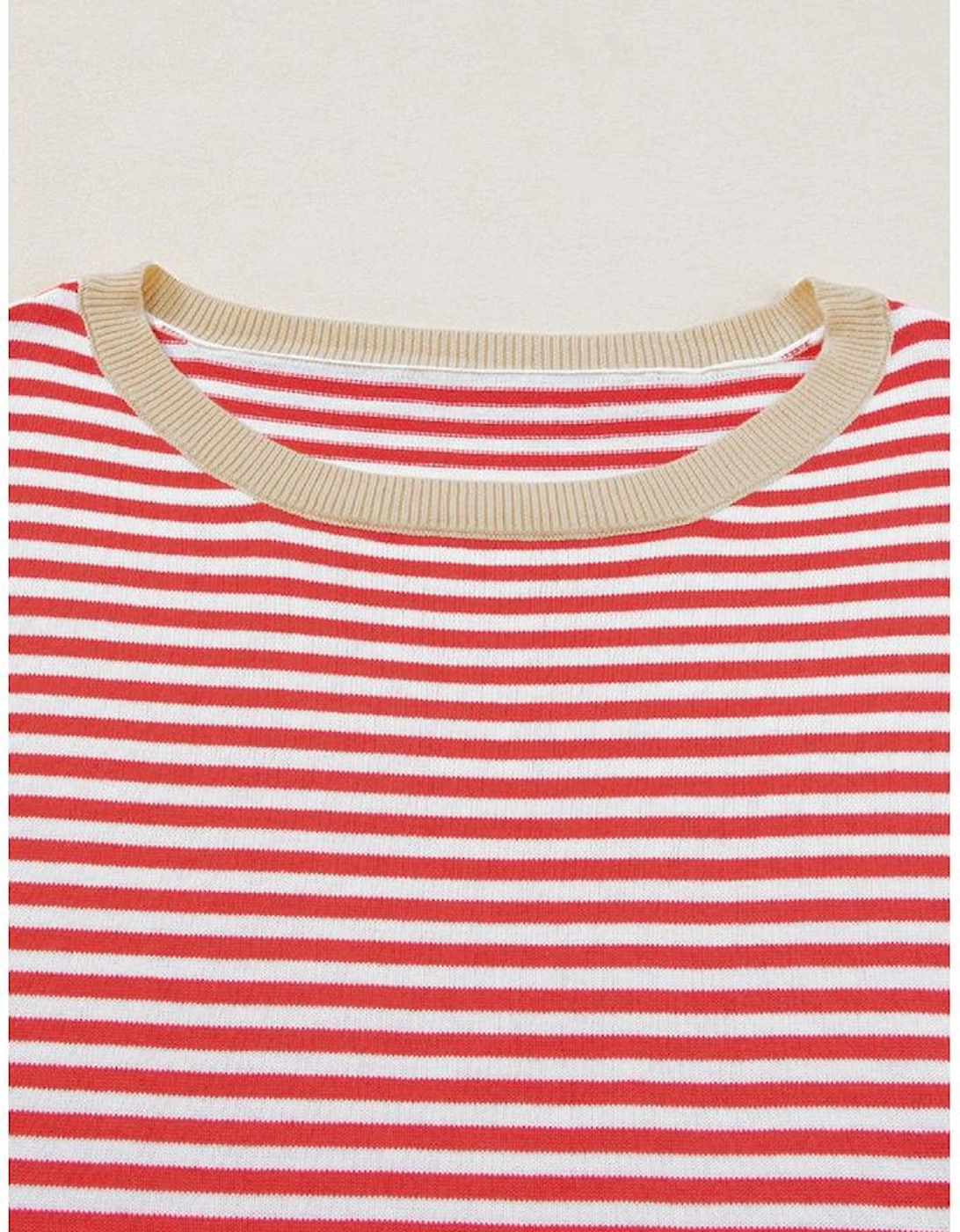 Fiery Red Contrast Trimmed Striped Drop Shoulder Sweater