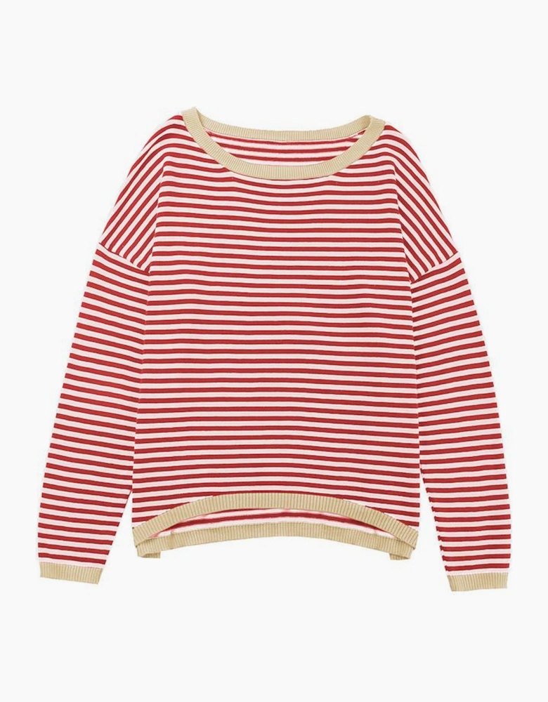 Fiery Red Contrast Trimmed Striped Drop Shoulder Sweater