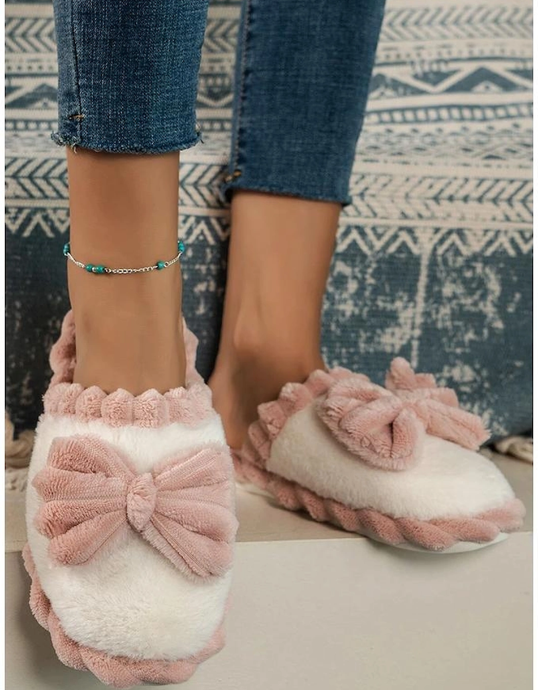Fushia Bow Decor Color Block Ribbed Plush Slippers, 10 of 9