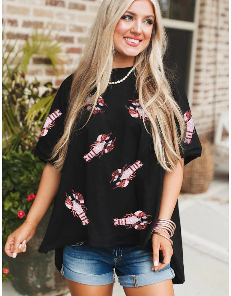 Black Sequin Crayfish Graphic Drop Sleeve High Low Tee