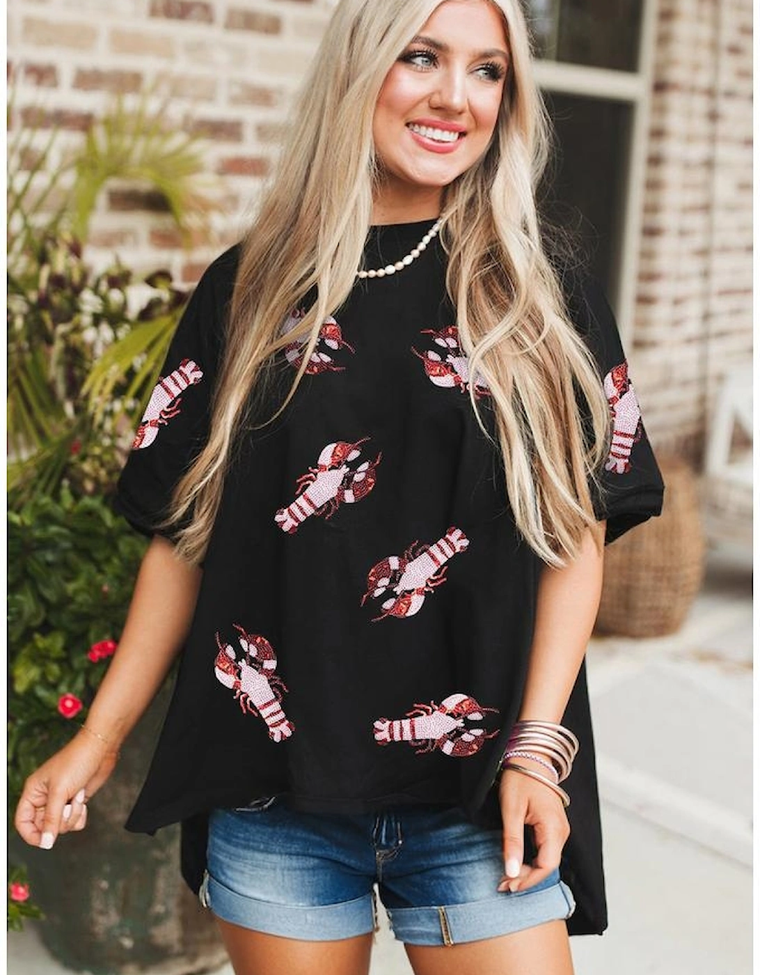 Black Sequin Crayfish Graphic Drop Sleeve High Low Tee, 4 of 3