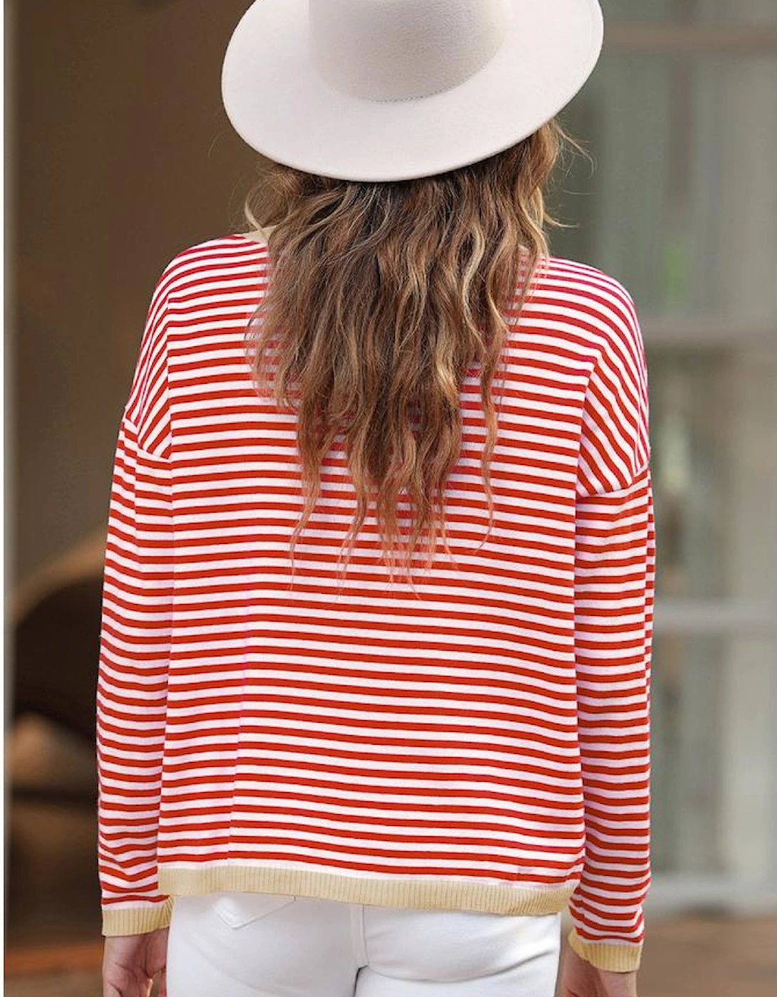 Fiery Red Contrast Trimmed Striped Drop Shoulder Sweater