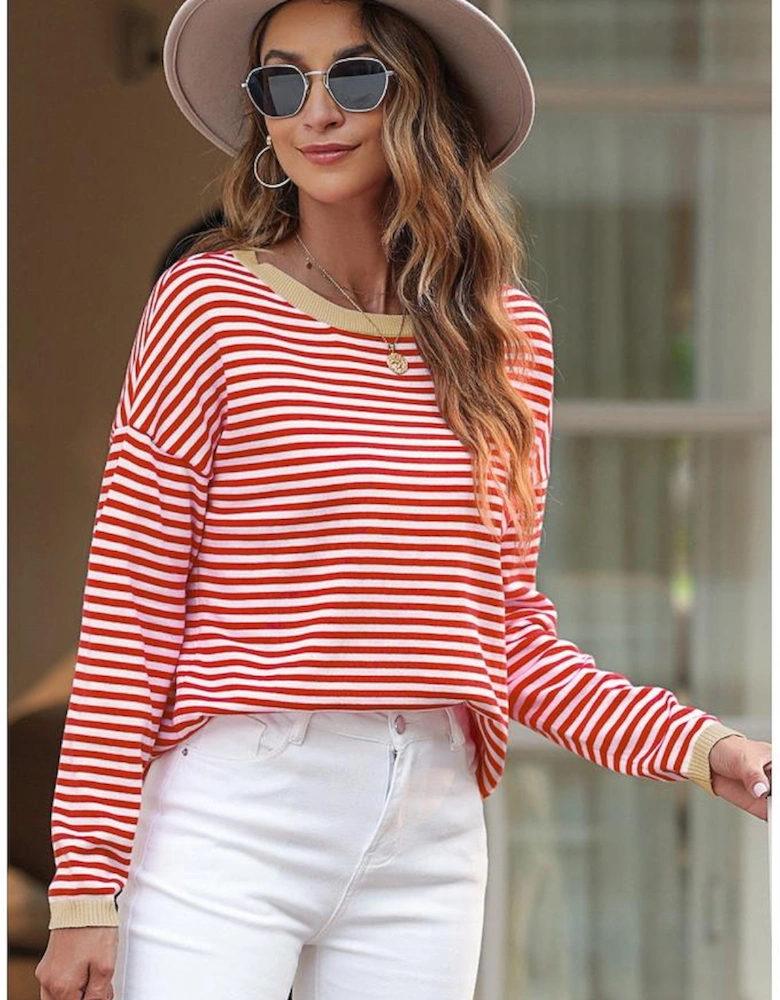 Fiery Red Contrast Trimmed Striped Drop Shoulder Sweater