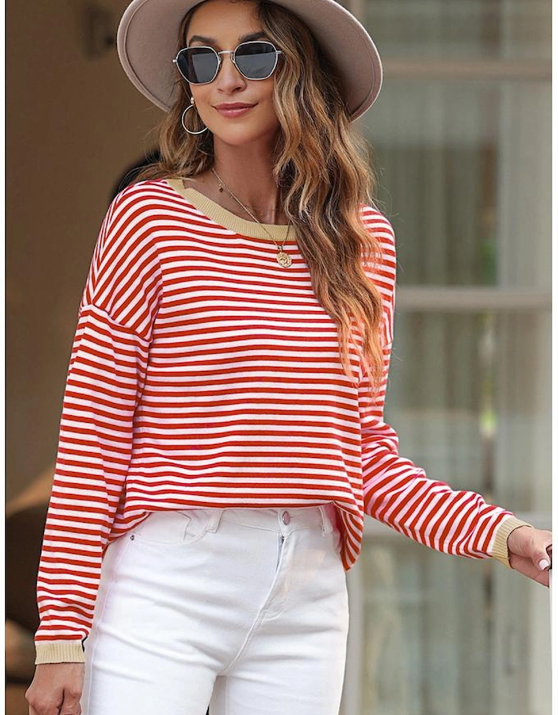 Fiery Red Contrast Trimmed Striped Drop Shoulder Sweater