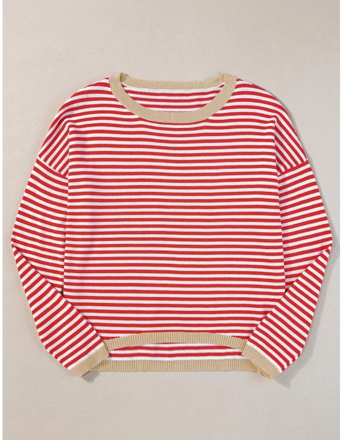 Fiery Red Contrast Trimmed Striped Drop Shoulder Sweater