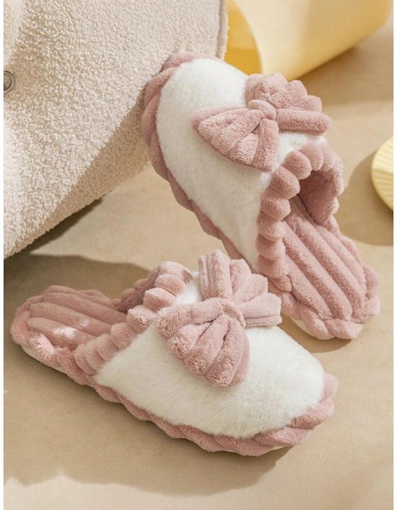Fushia Bow Decor Color Block Ribbed Plush Slippers