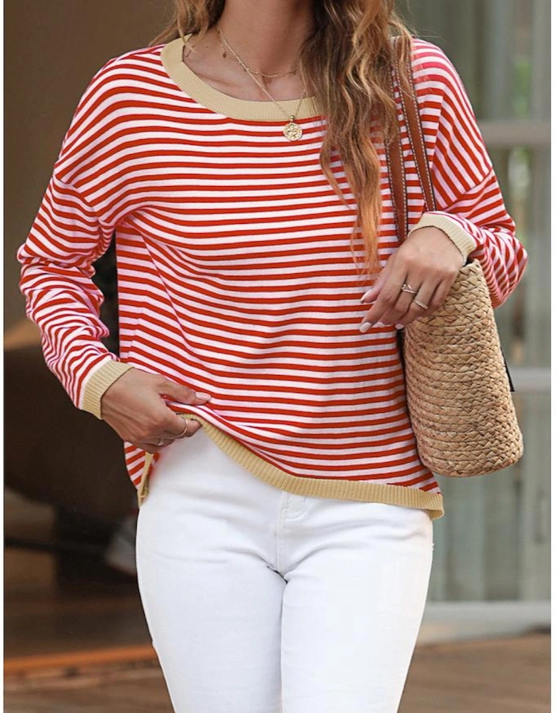 Fiery Red Contrast Trimmed Striped Drop Shoulder Sweater