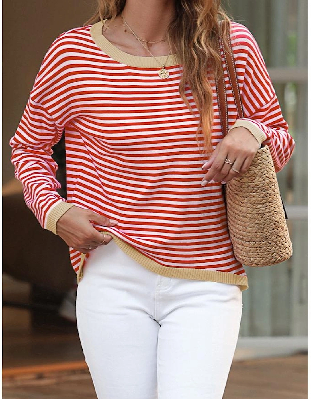 Fiery Red Contrast Trimmed Striped Drop Shoulder Sweater