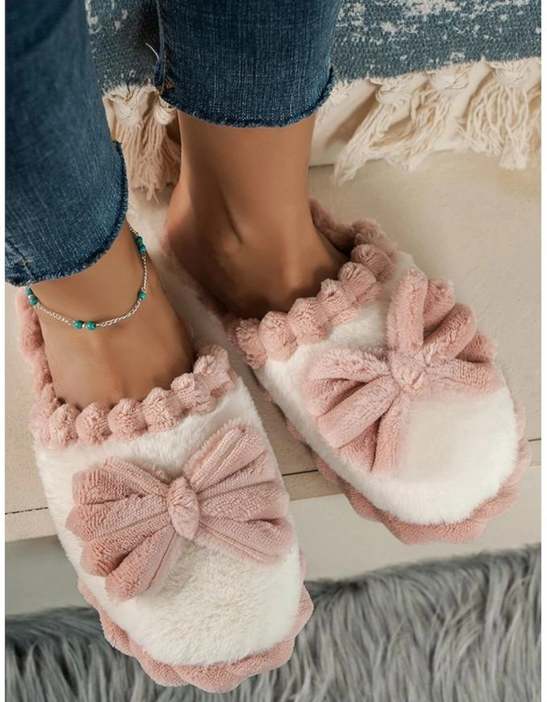 Fushia Bow Decor Color Block Ribbed Plush Slippers