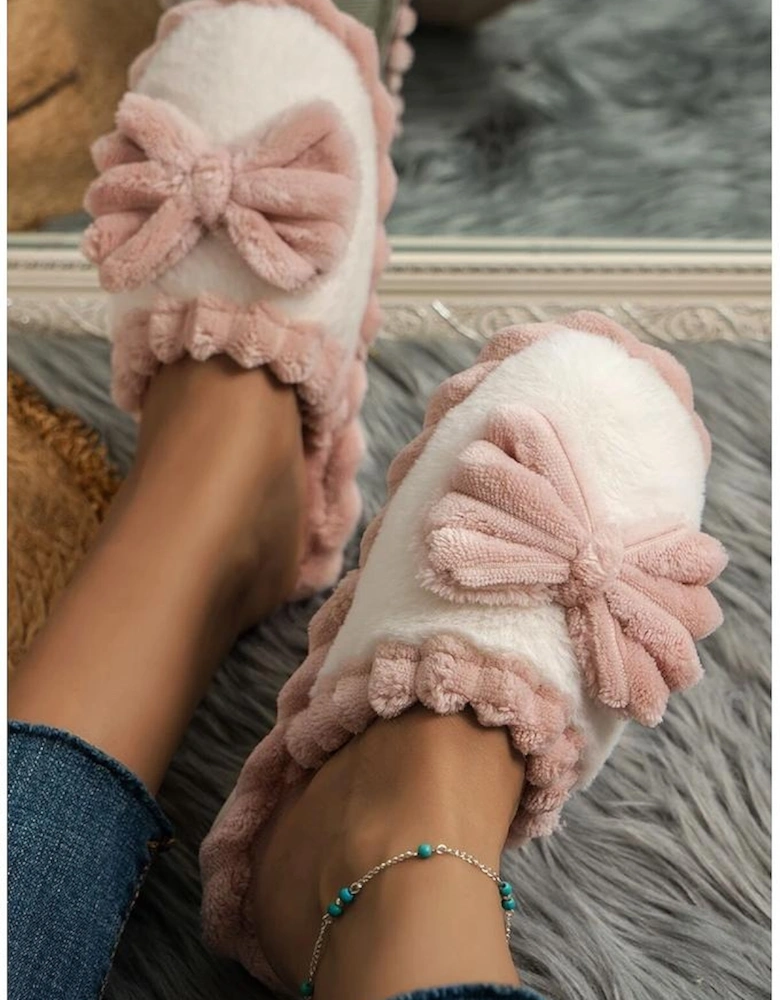 Fushia Bow Decor Color Block Ribbed Plush Slippers