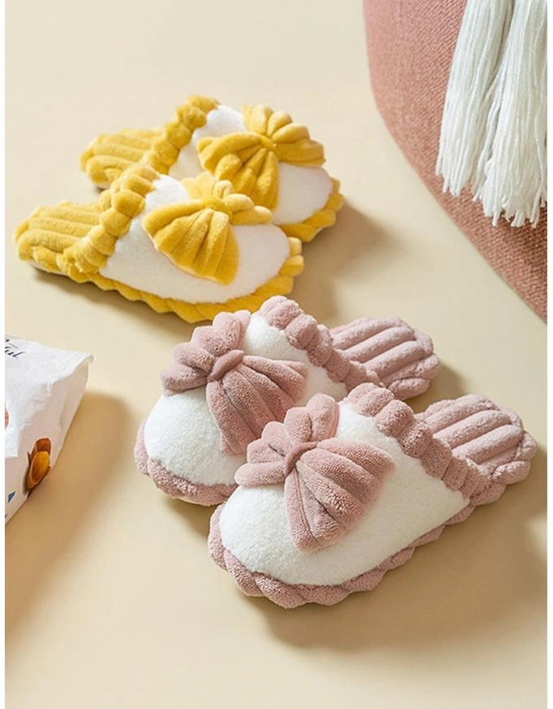 Fushia Bow Decor Color Block Ribbed Plush Slippers