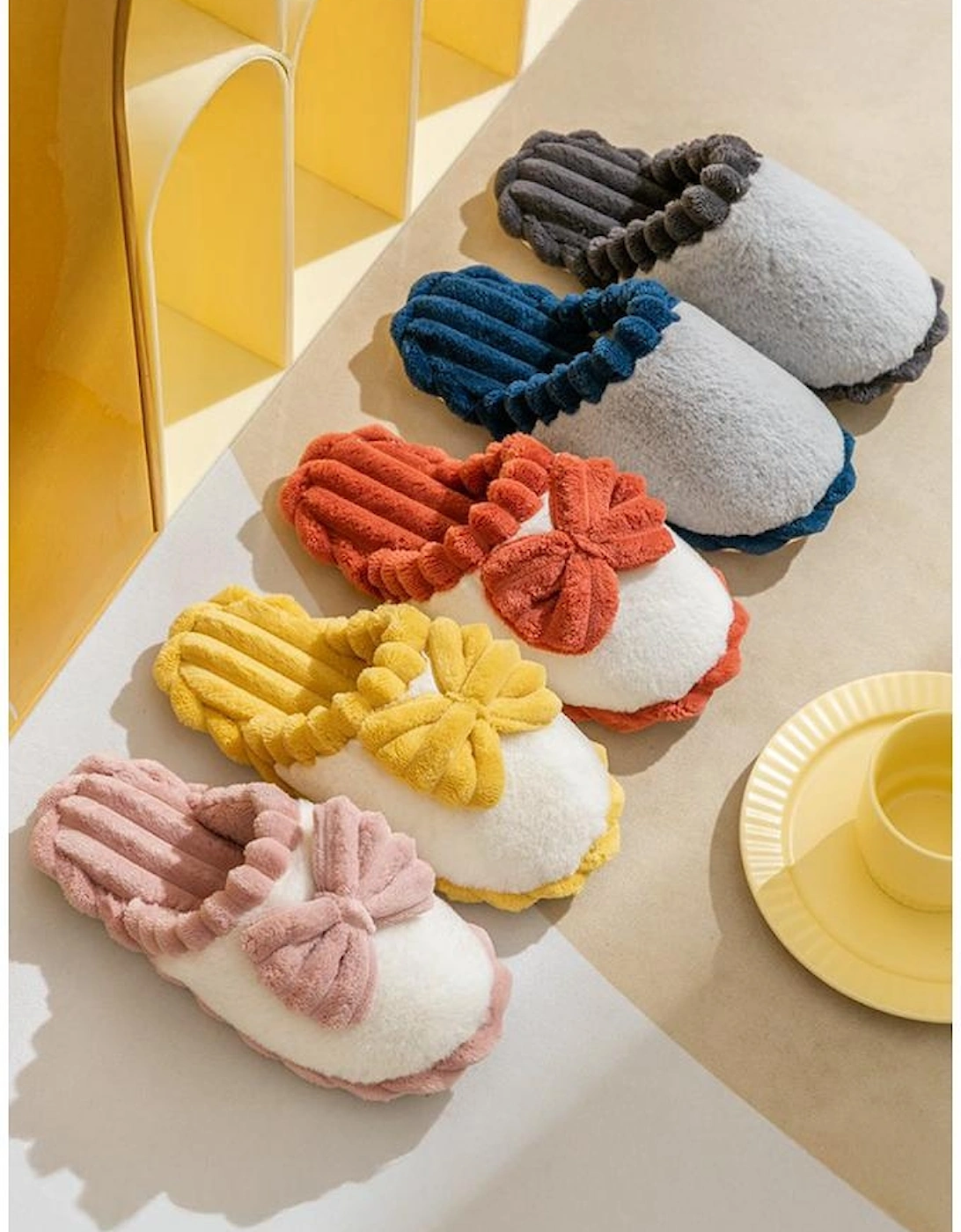 Fushia Bow Decor Color Block Ribbed Plush Slippers