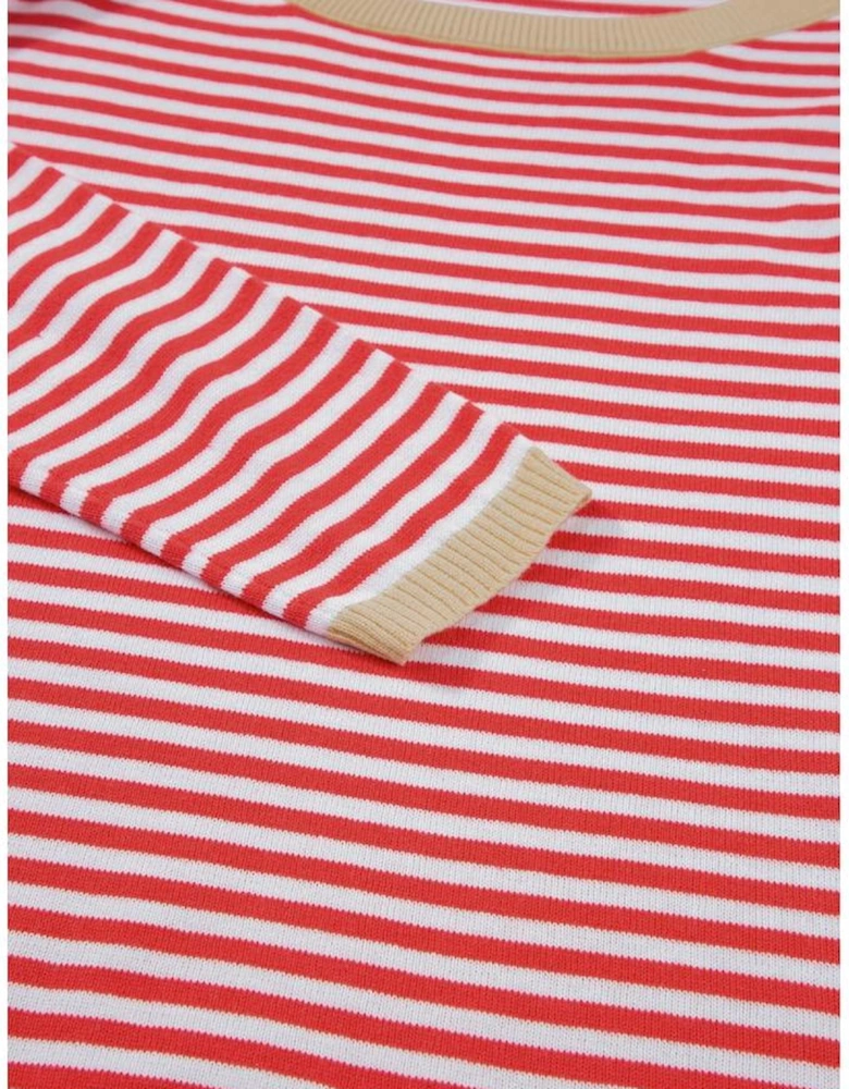 Fiery Red Contrast Trimmed Striped Drop Shoulder Sweater