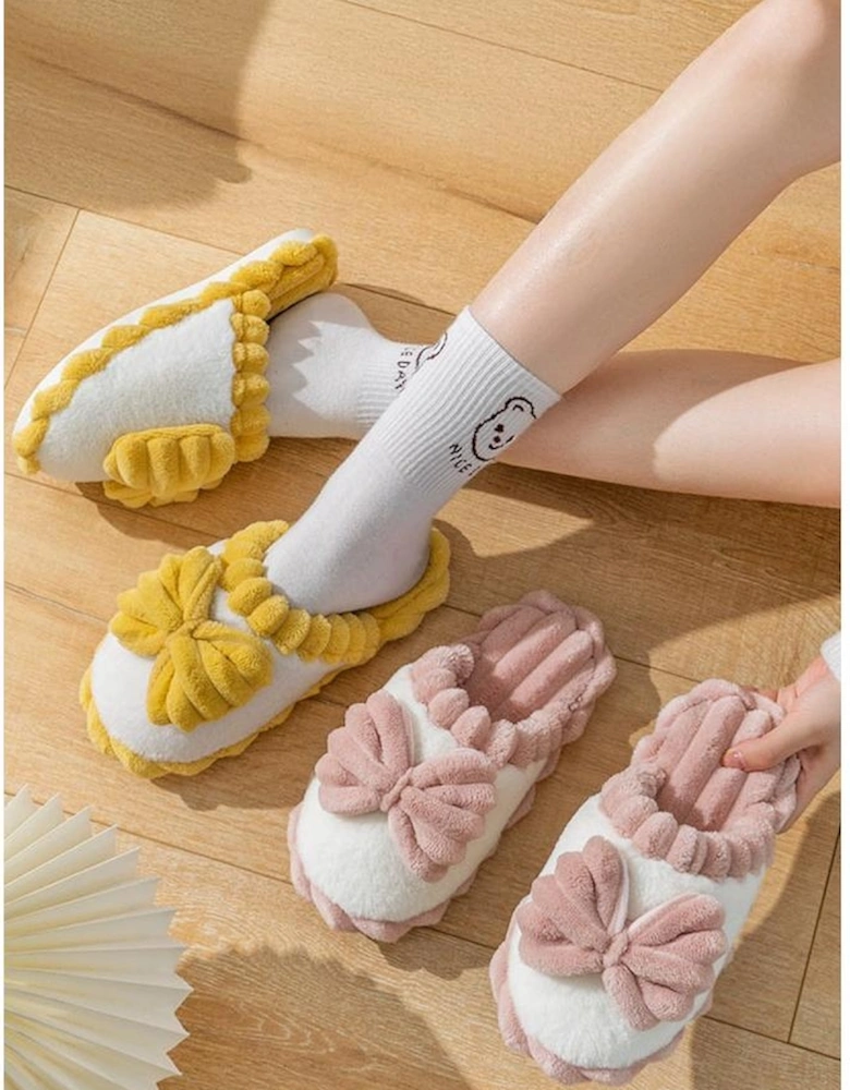 Fushia Bow Decor Color Block Ribbed Plush Slippers