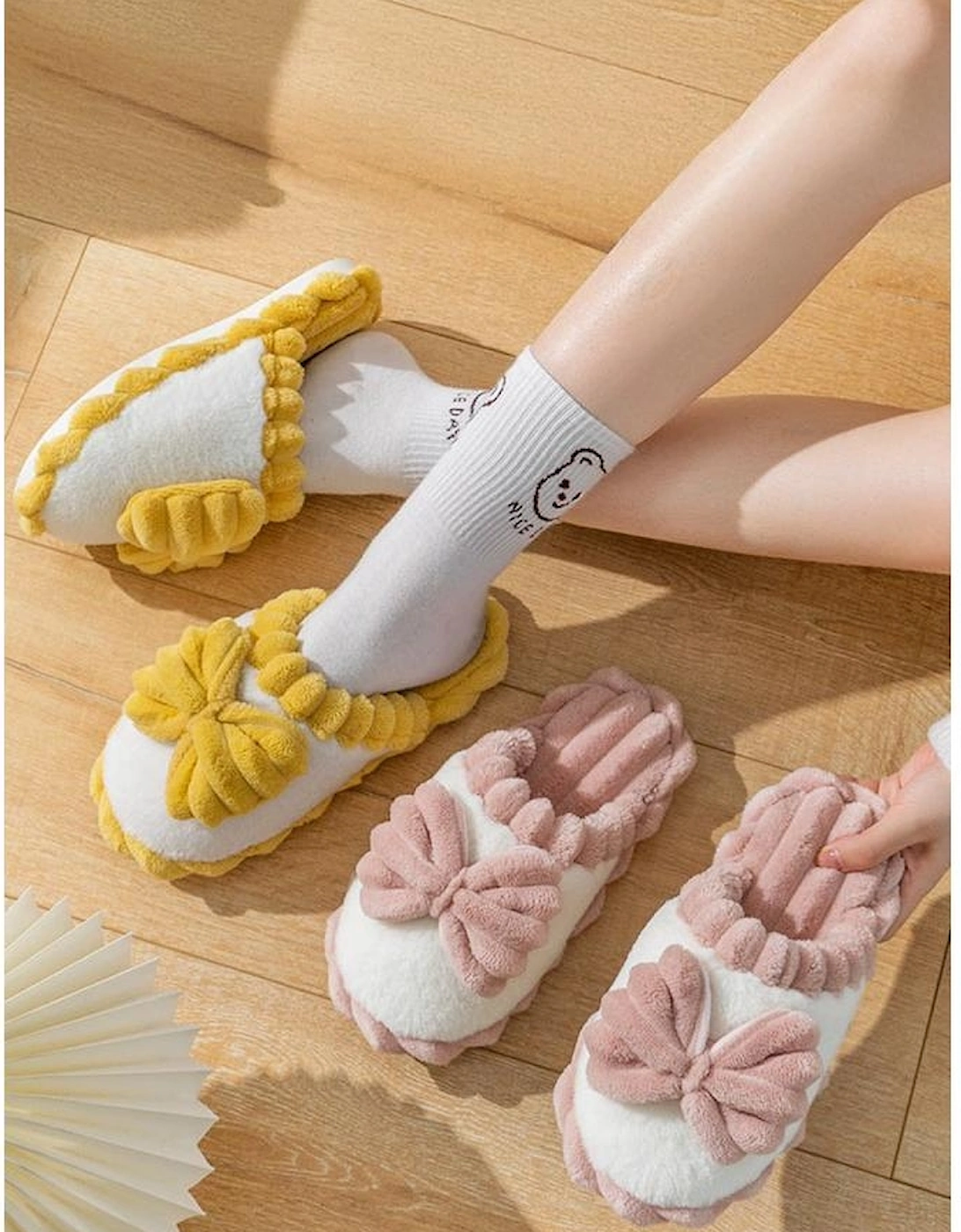 Fushia Bow Decor Color Block Ribbed Plush Slippers
