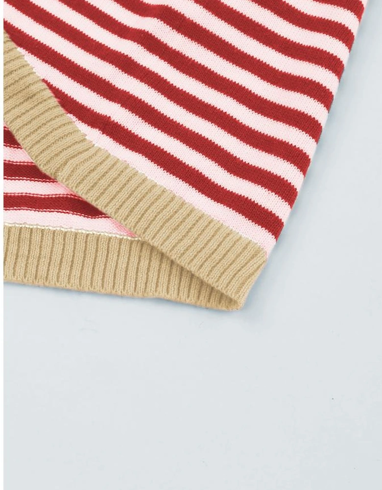 Fiery Red Contrast Trimmed Striped Drop Shoulder Sweater
