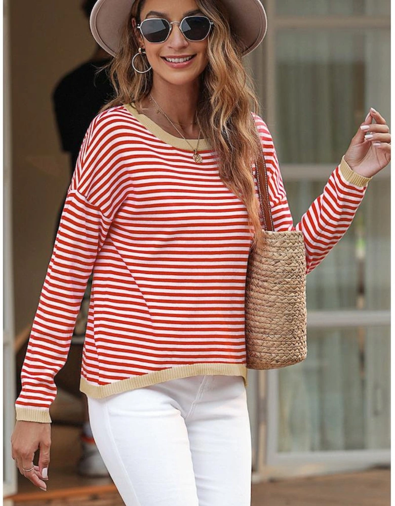 Fiery Red Contrast Trimmed Striped Drop Shoulder Sweater