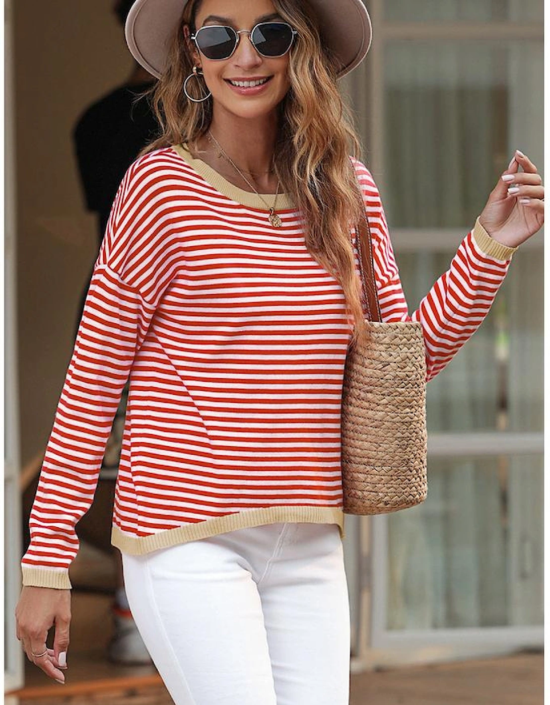 Fiery Red Contrast Trimmed Striped Drop Shoulder Sweater