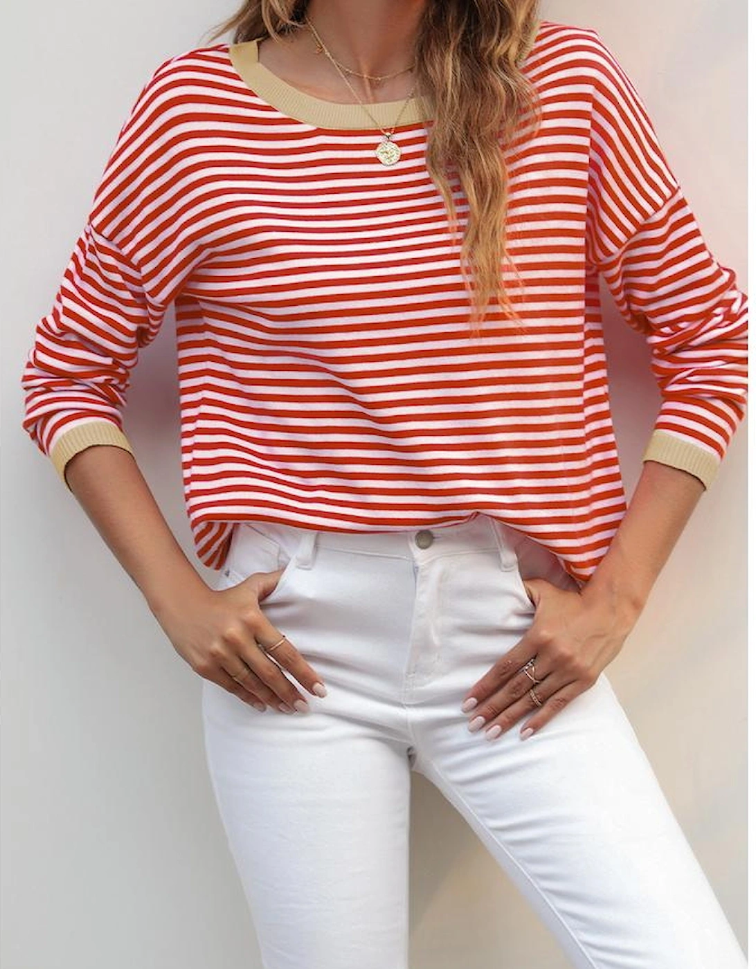 Fiery Red Contrast Trimmed Striped Drop Shoulder Sweater