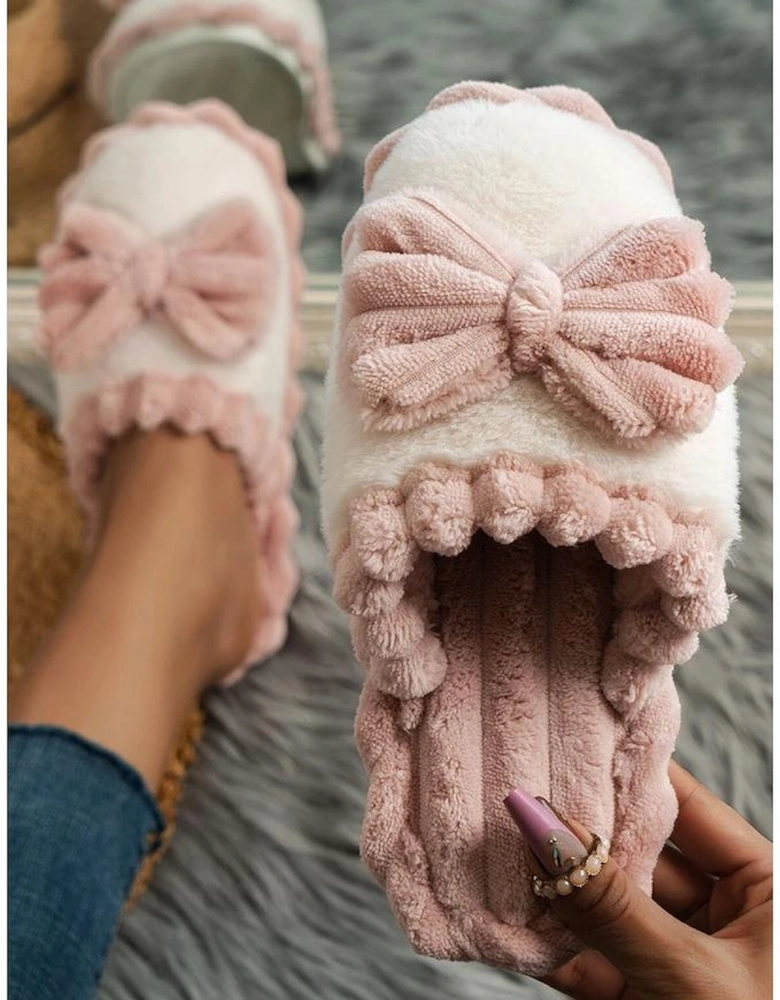 Fushia Bow Decor Color Block Ribbed Plush Slippers