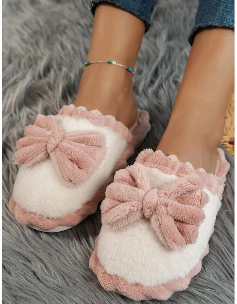 Fushia Bow Decor Color Block Ribbed Plush Slippers