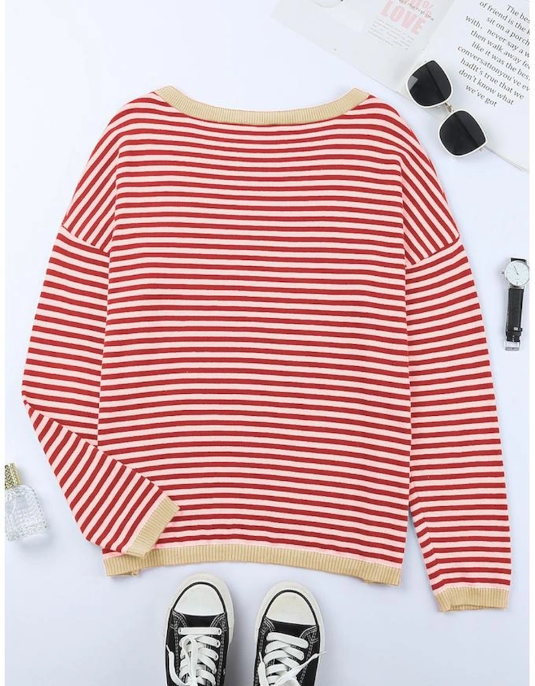 Fiery Red Contrast Trimmed Striped Drop Shoulder Sweater