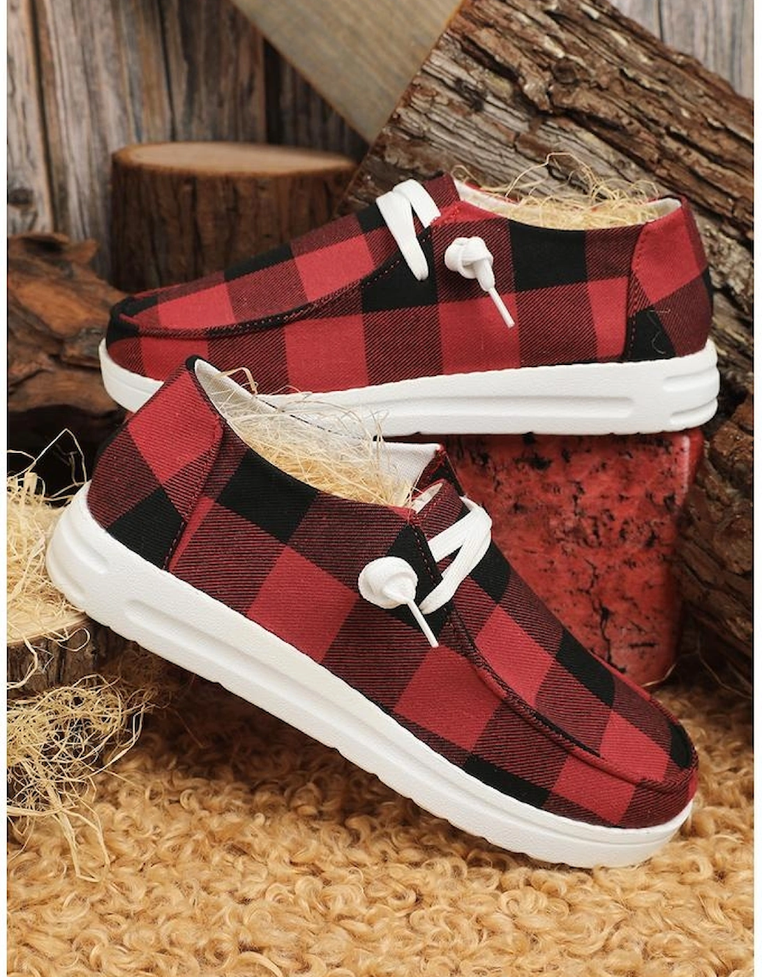 Red Vintage Plaid Lace Up Flat Shoes