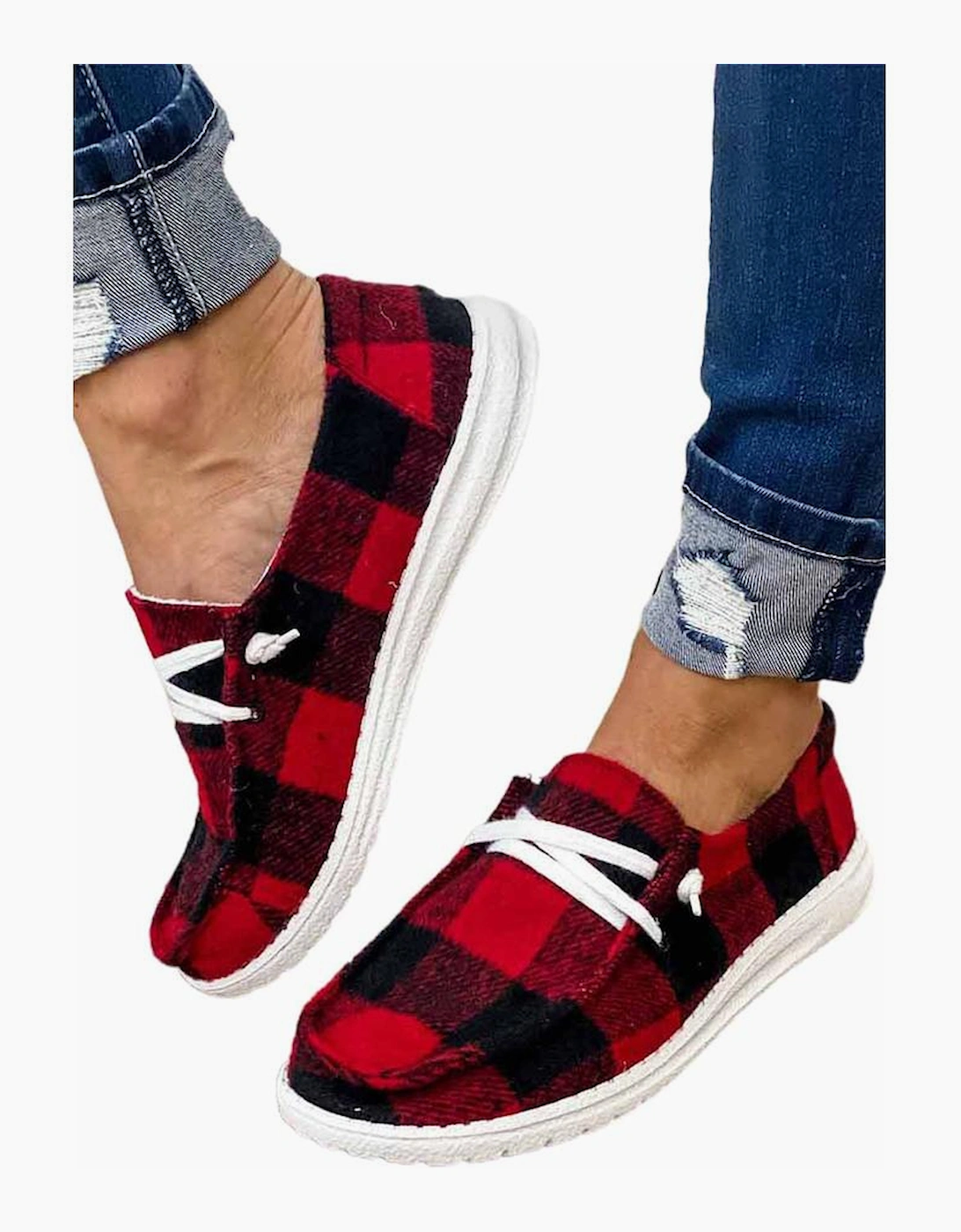 Red Vintage Plaid Lace Up Flat Shoes