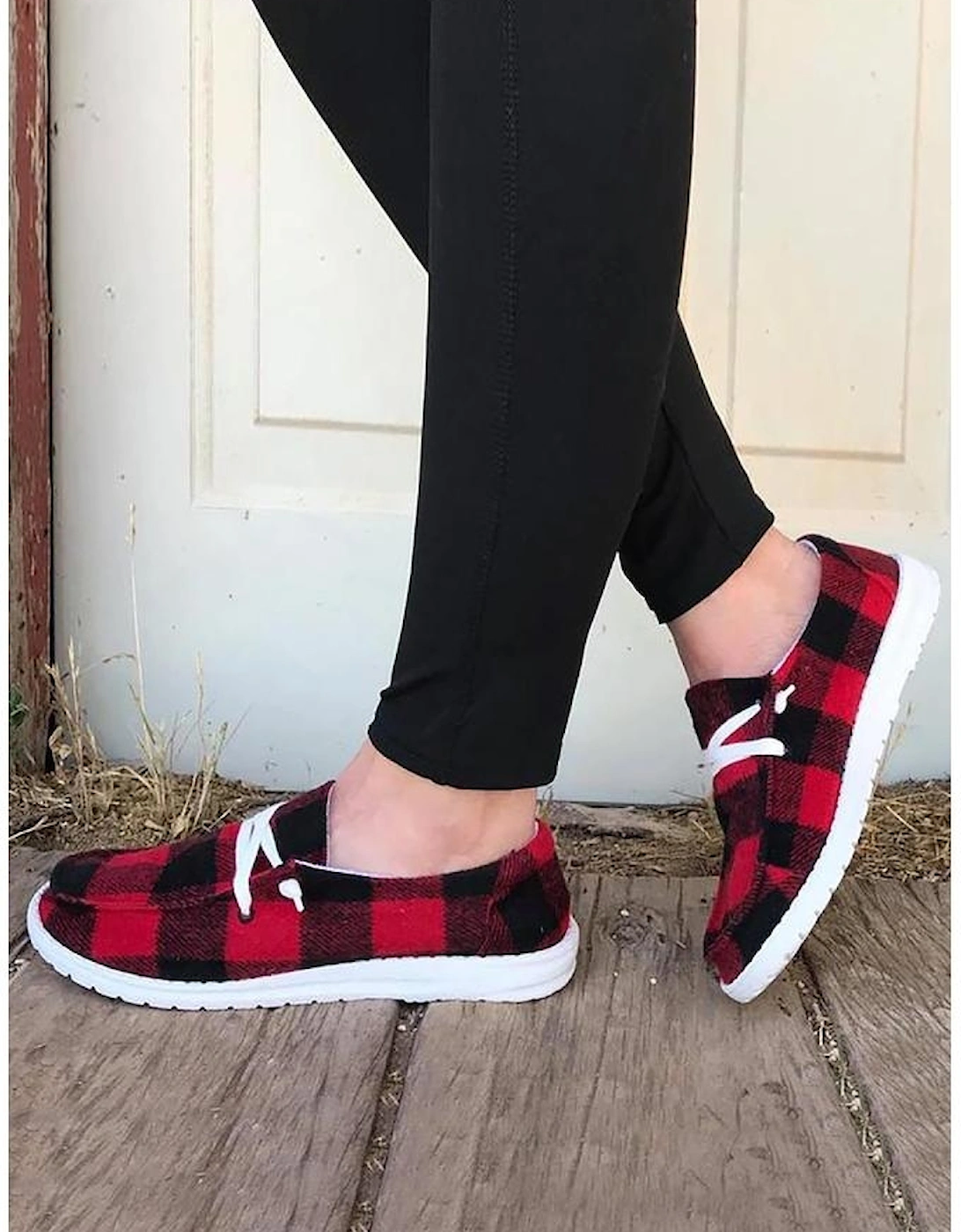 Red Vintage Plaid Lace Up Flat Shoes