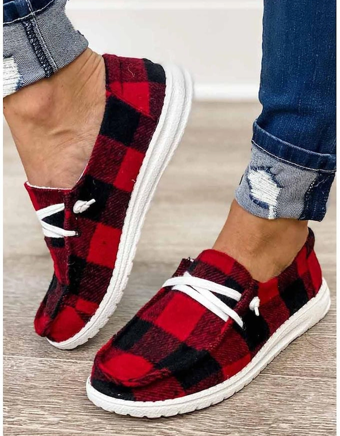 Red Vintage Plaid Lace Up Flat Shoes