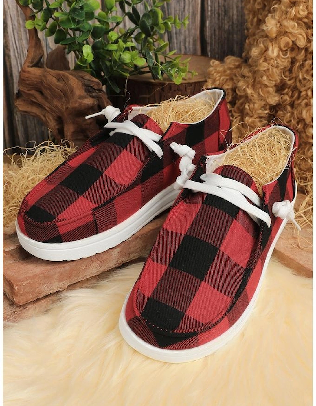 Red Vintage Plaid Lace Up Flat Shoes