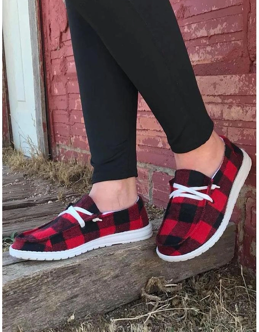 Red Vintage Plaid Lace Up Flat Shoes